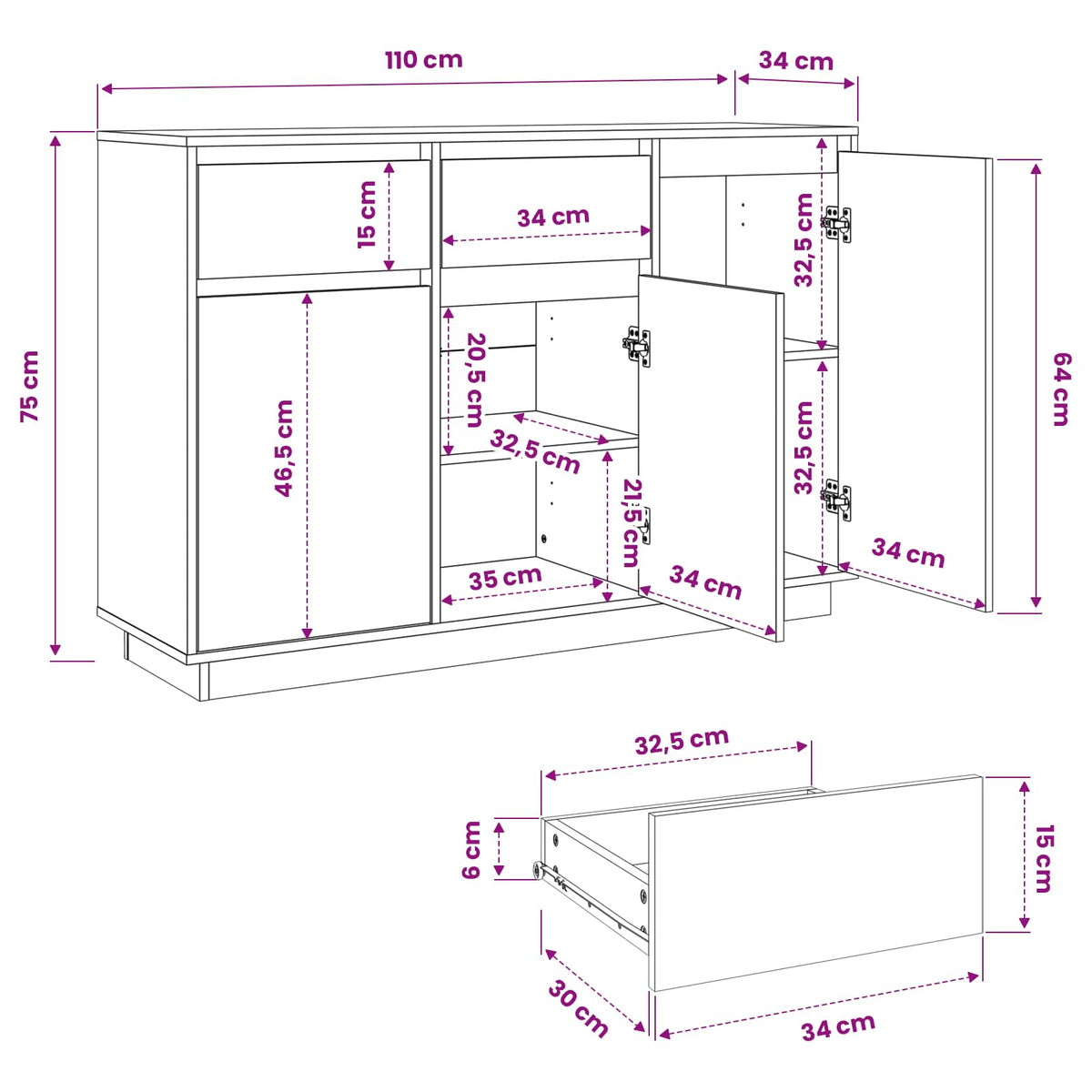 Sideboard White 110x34x75 cm Solid Wood Pine