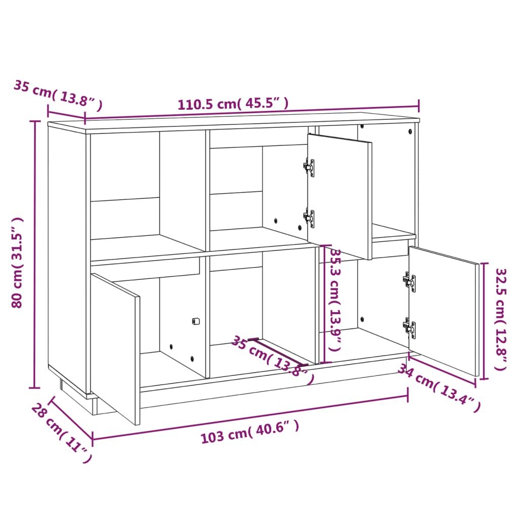 Buffet Blanc 110,5x35x80 cm Bois Massif Pin