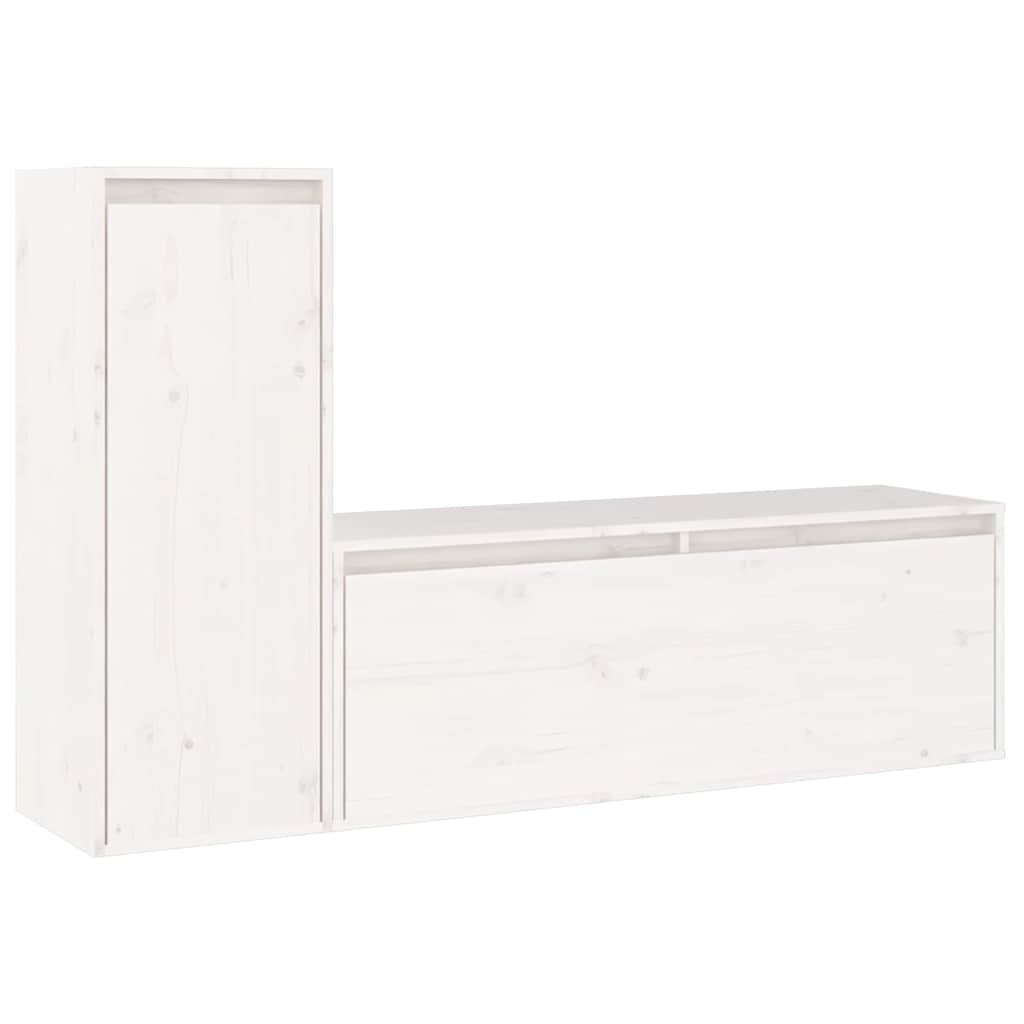 2 Piece TV Cabinet Set White Solid Wood Pine