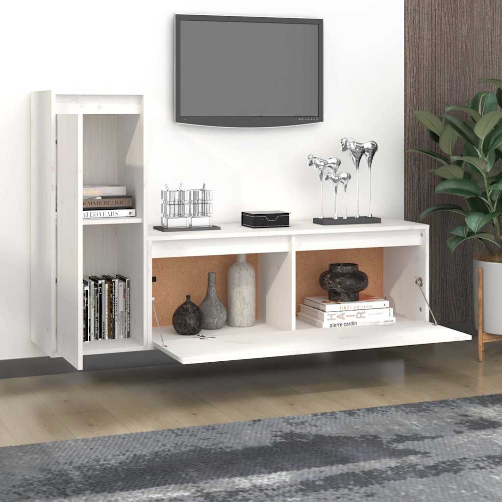 2 Piece TV Cabinet Set White Solid Wood Pine
