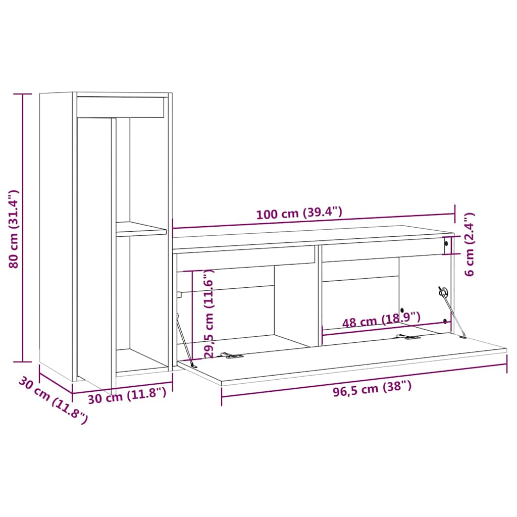 2 Piece TV Cabinet Set White Solid Wood Pine
