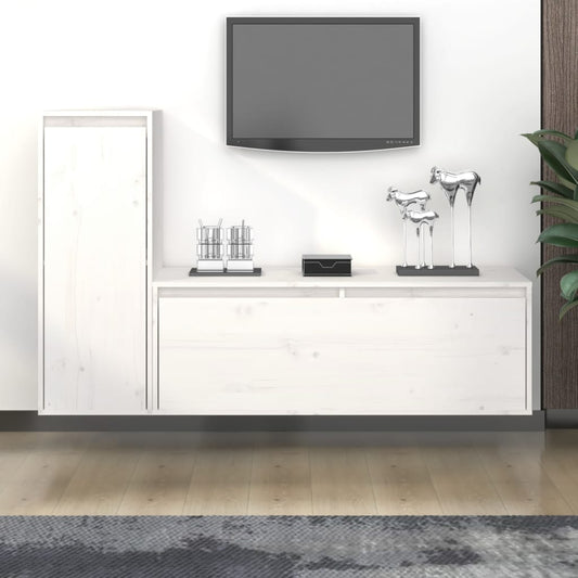 2 Piece TV Cabinet Set White Solid Wood Pine