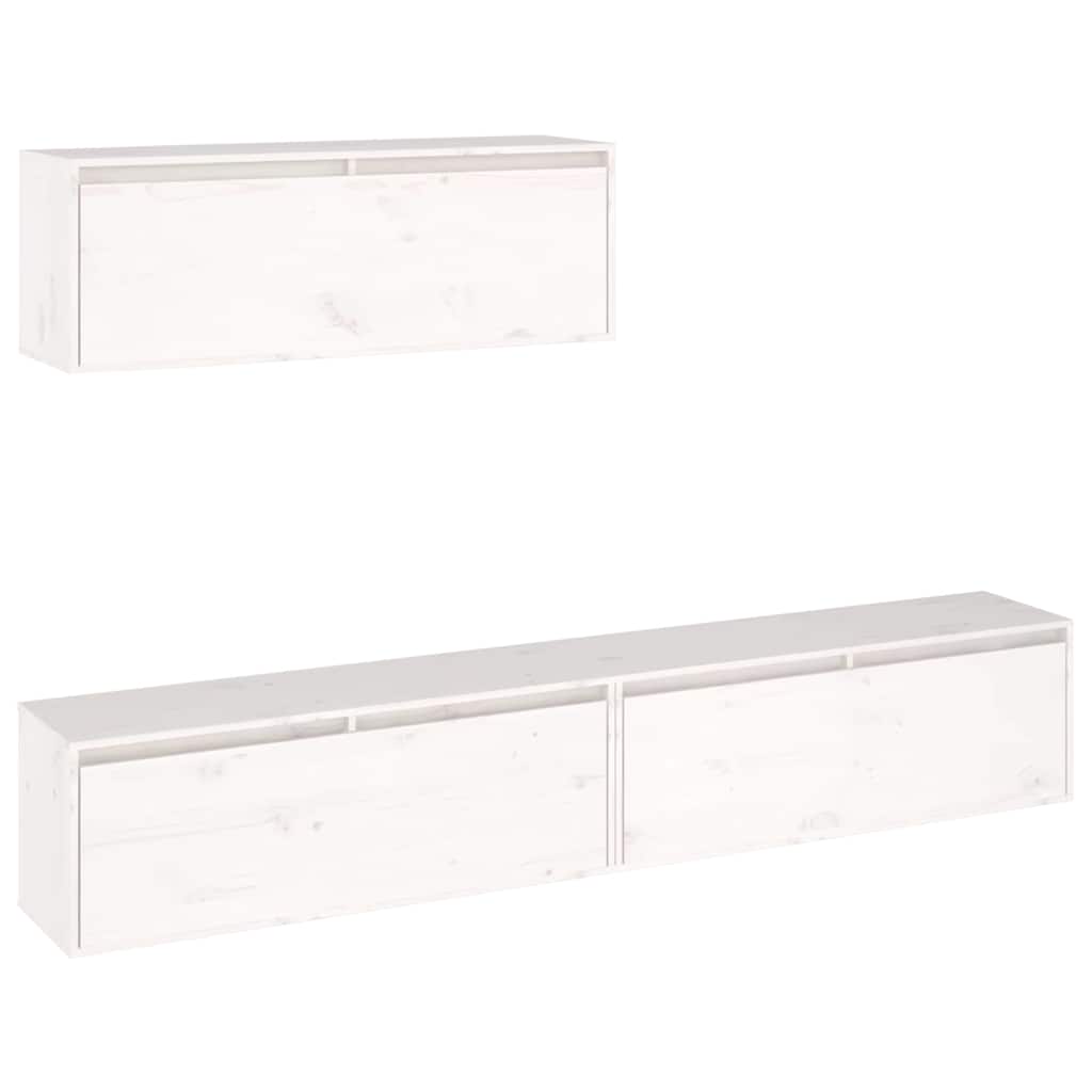 3 Piece TV Cabinet Set White Solid Wood Pine
