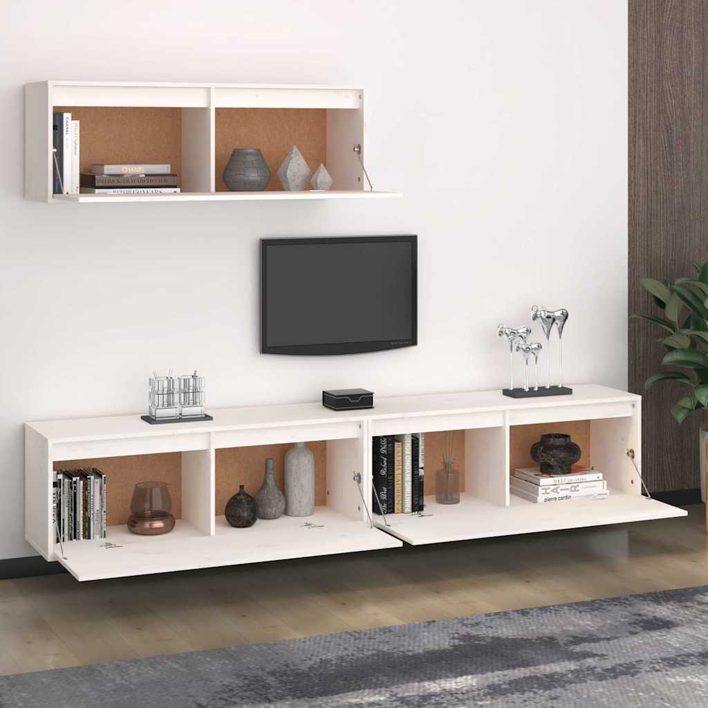 3 Piece TV Cabinet Set White Solid Wood Pine