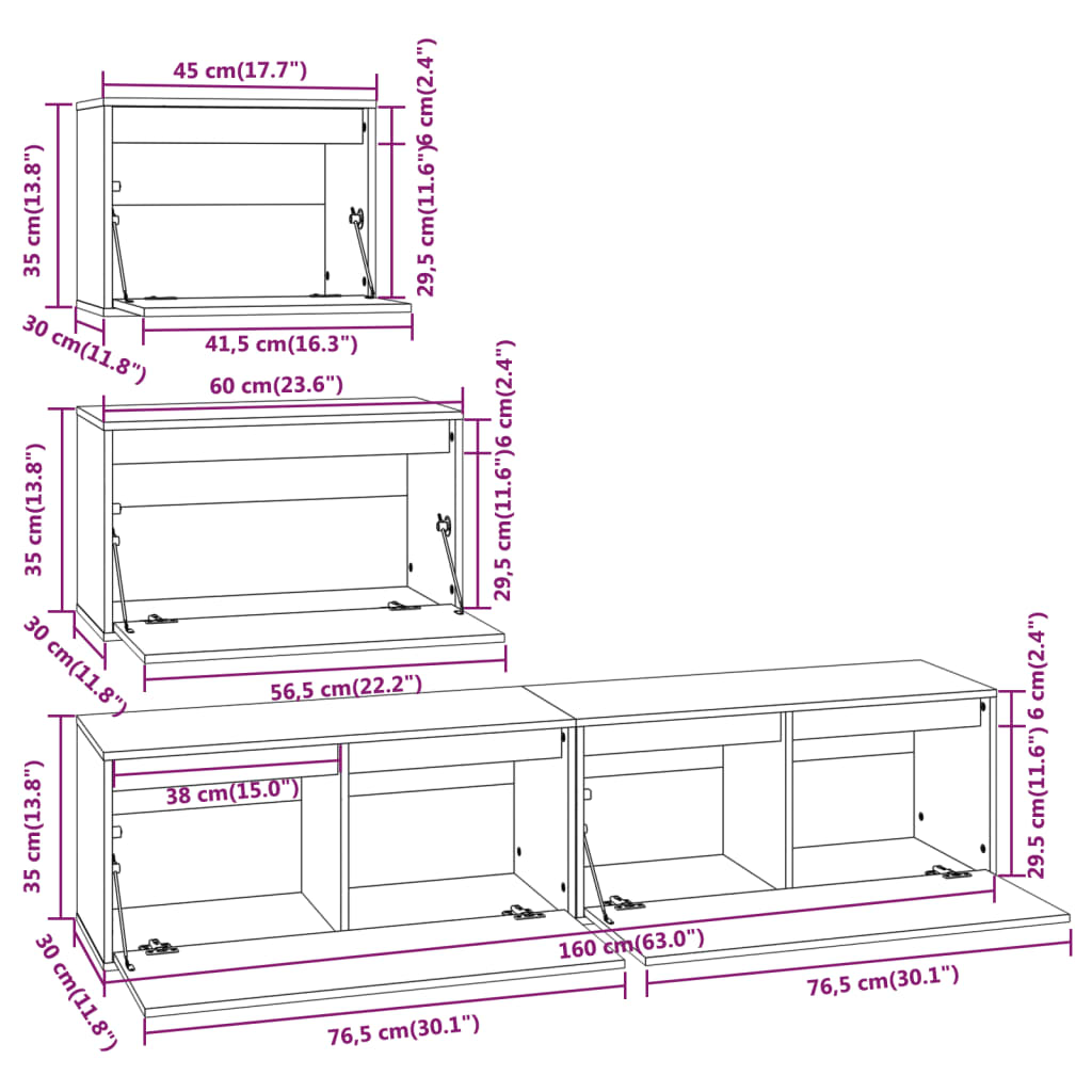 vidaXL TV Cabinets 4 pcs White Solid Wood Pine