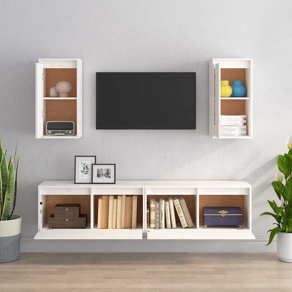 4 Piece TV Cabinet Set White Solid Wood Pine