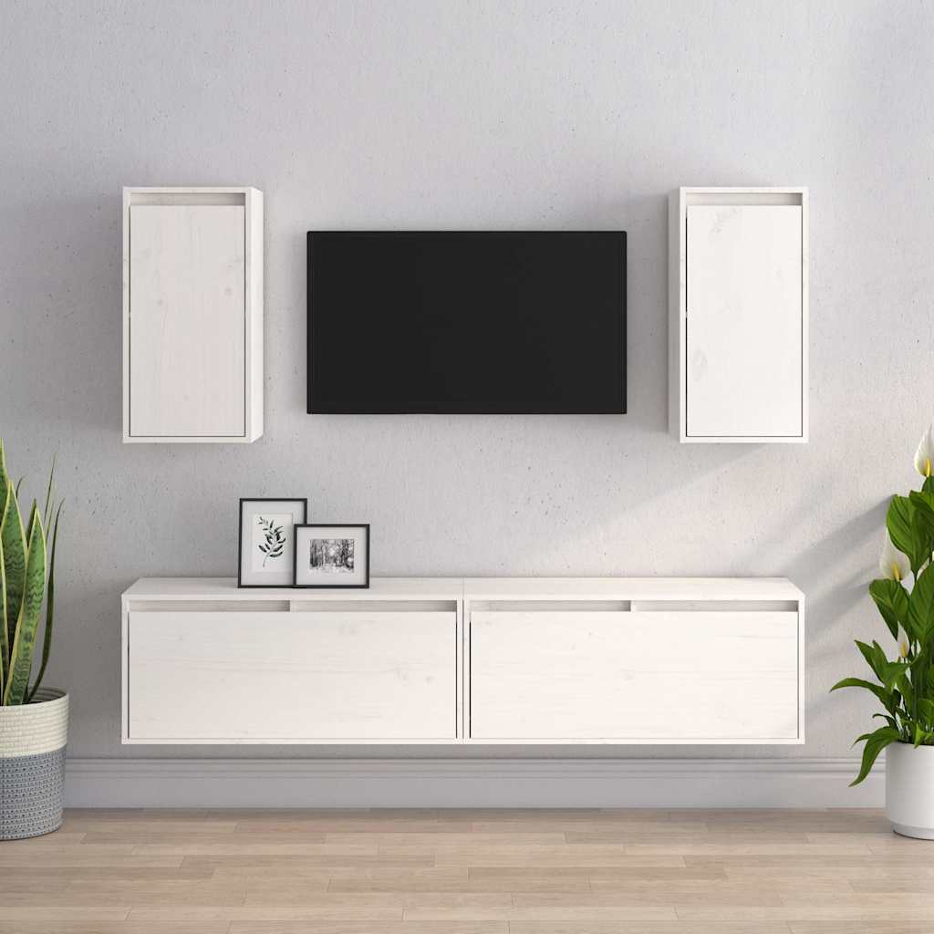 4 Piece TV Cabinet Set White Solid Wood Pine