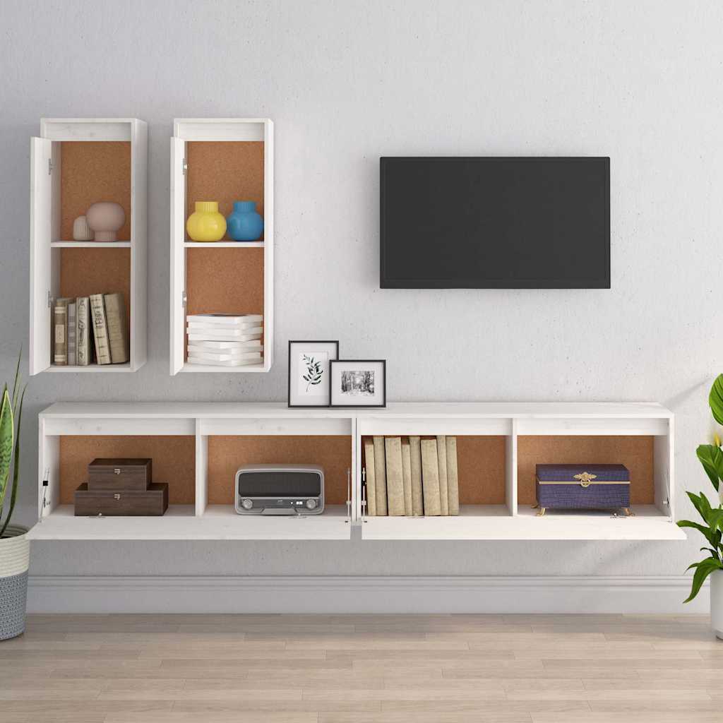 4 Piece TV Cabinet Set White Solid Wood Pine