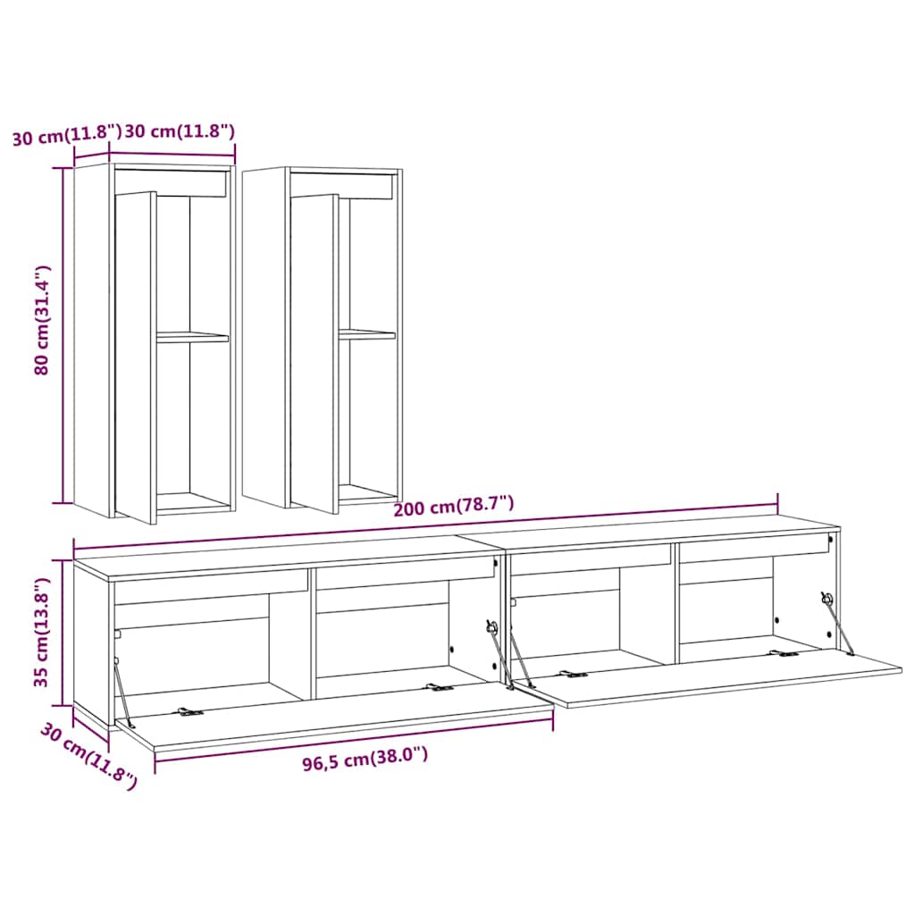4 Piece TV Cabinet Set White Solid Wood Pine