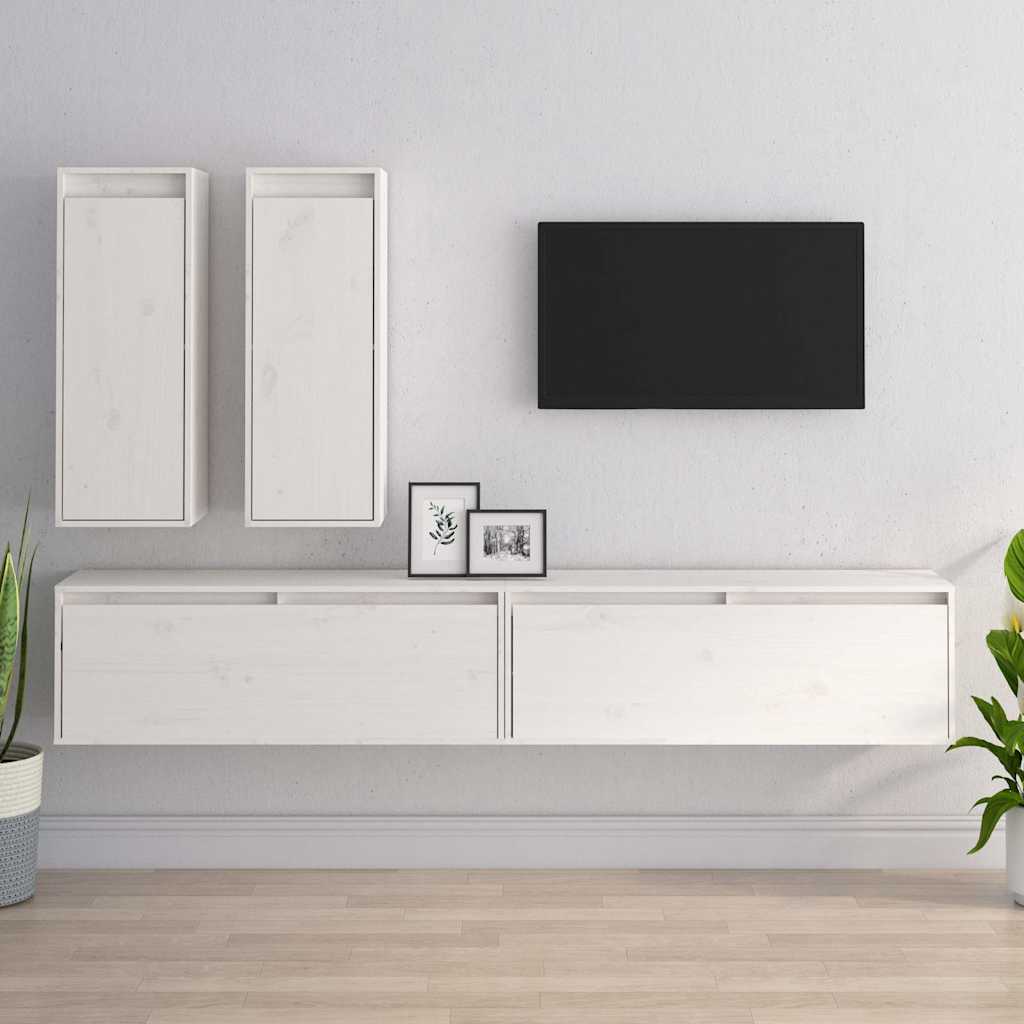 4 Piece TV Cabinet Set White Solid Wood Pine