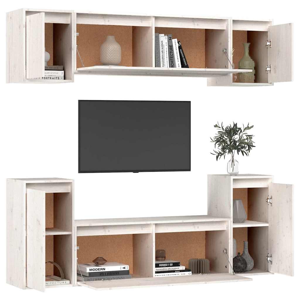 6 Piece TV Cabinet Set White Solid Wood Pine