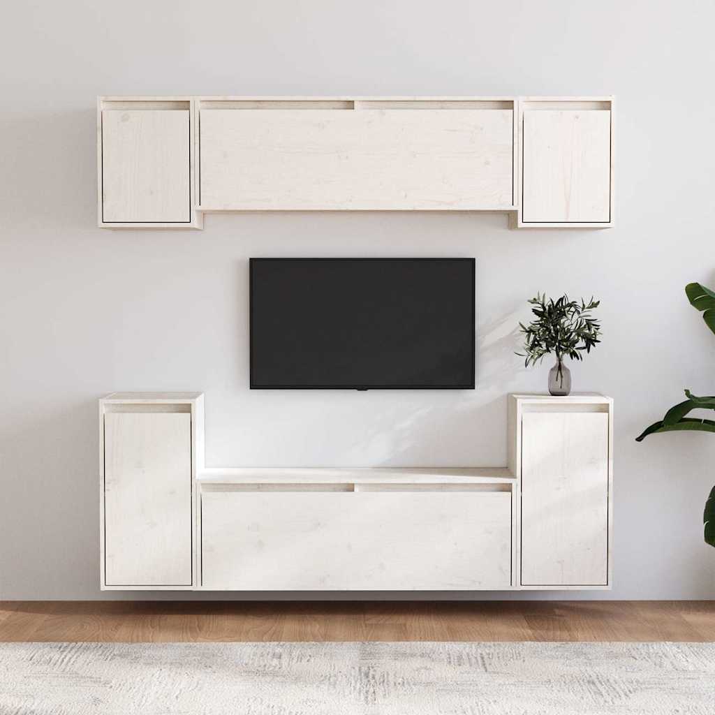 6 Piece TV Cabinet Set White Solid Wood Pine