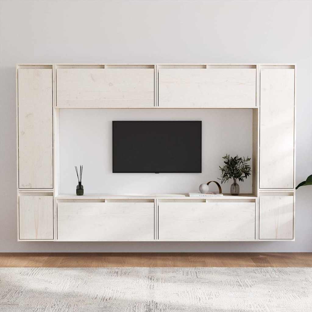 8 Piece Wall-mounted TV Cabinet Set White Solid Wood Pine