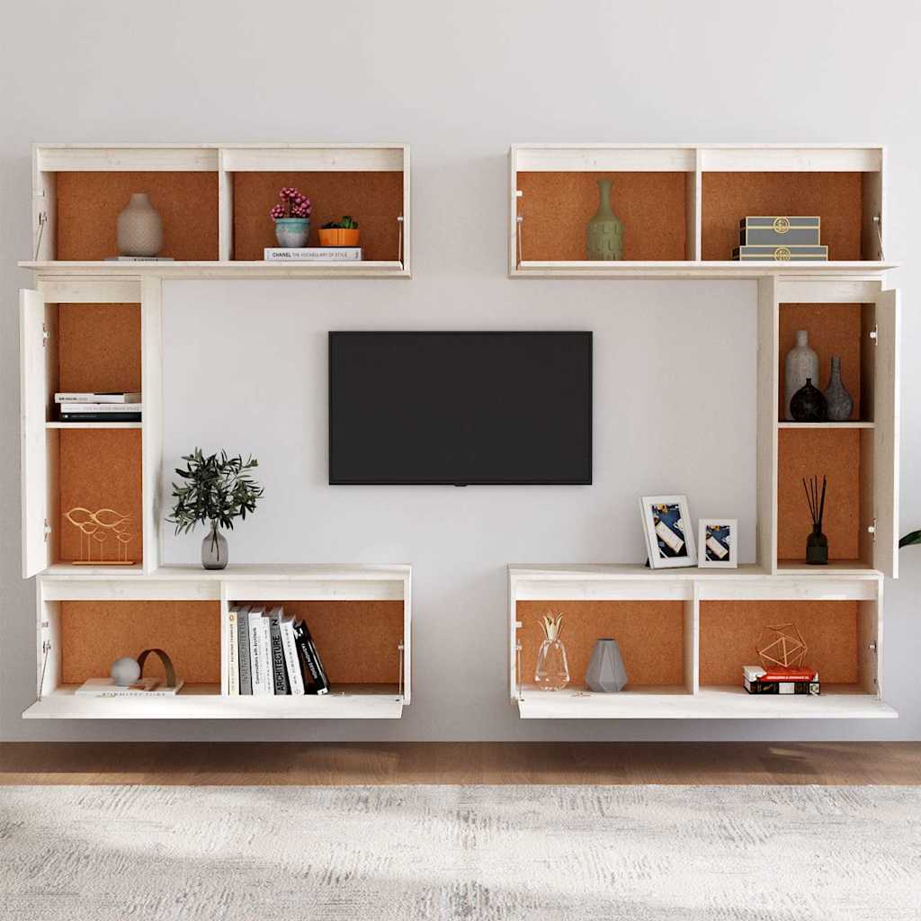 6 Piece TV Cabinet Set White Solid Wood Pine