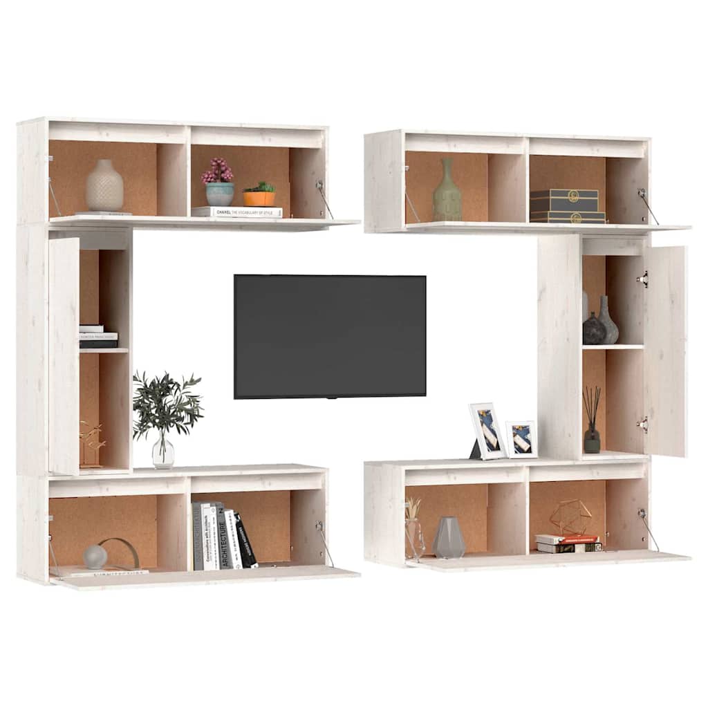 6 Piece TV Cabinet Set White Solid Wood Pine