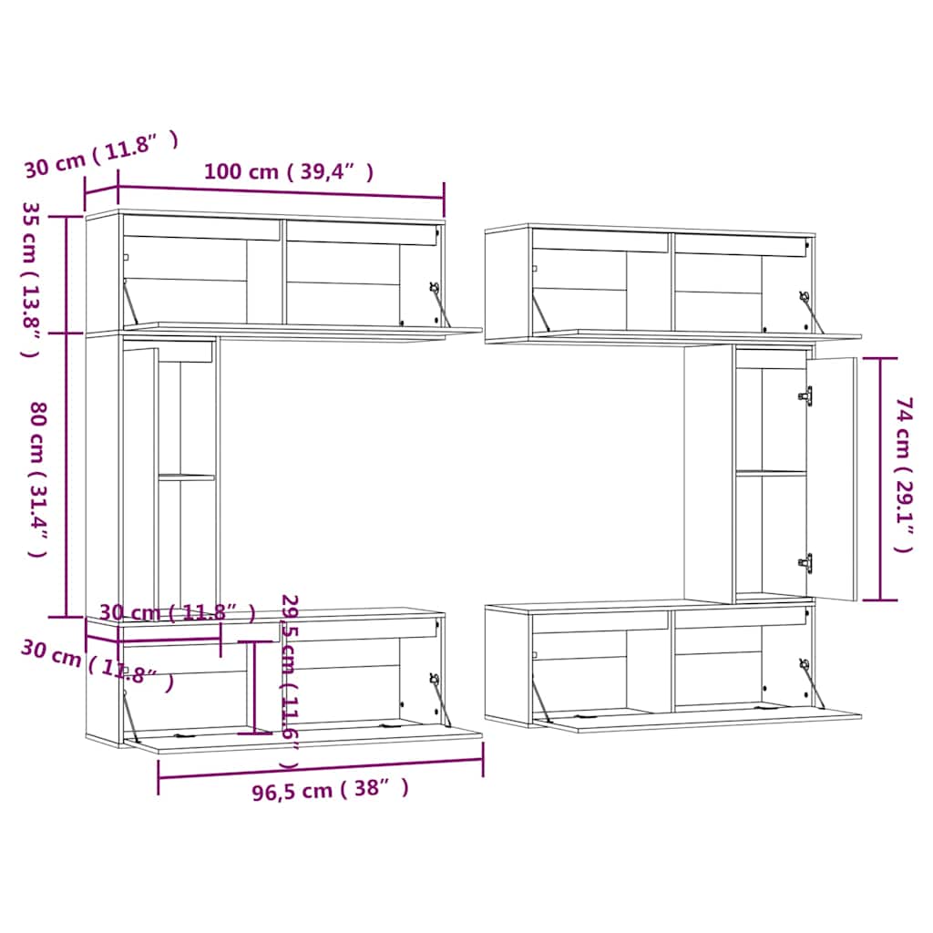 6 Piece TV Cabinet Set White Solid Wood Pine