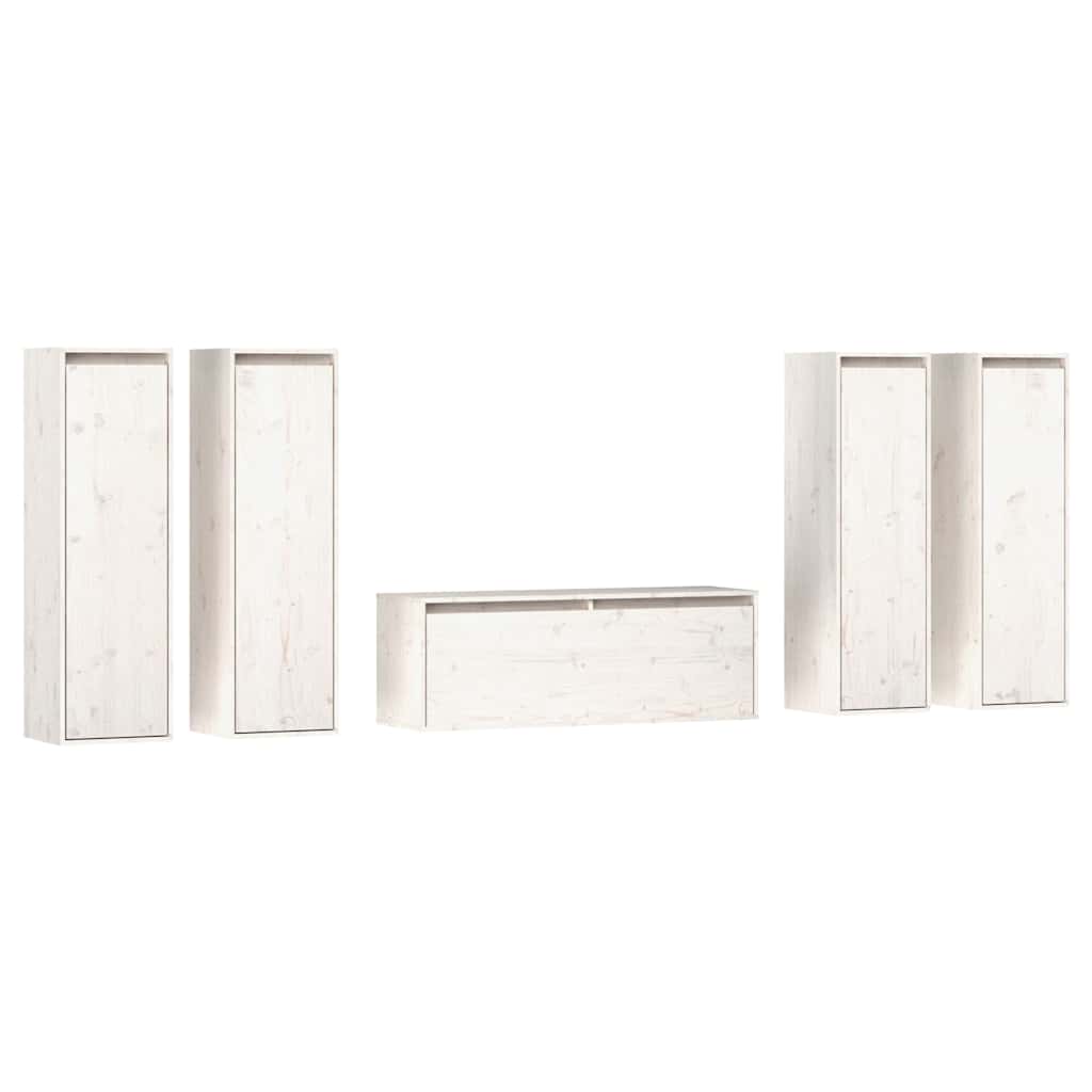 5 Piece TV Cabinet Set White Solid Wood Pine