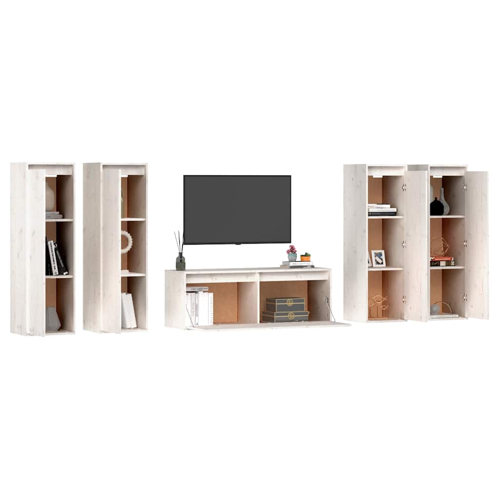 5 Piece TV Cabinet Set White Solid Wood Pine
