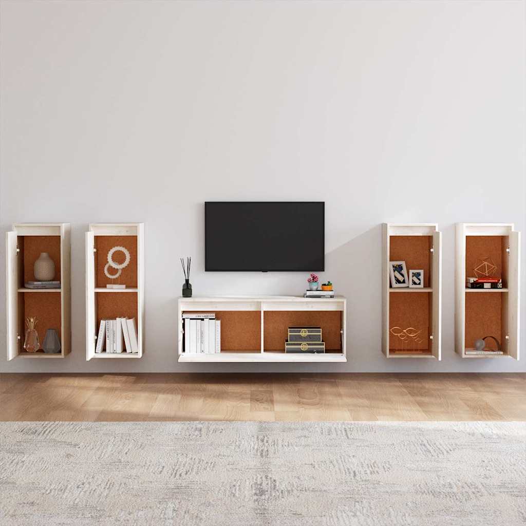 5 Piece TV Cabinet Set White Solid Wood Pine