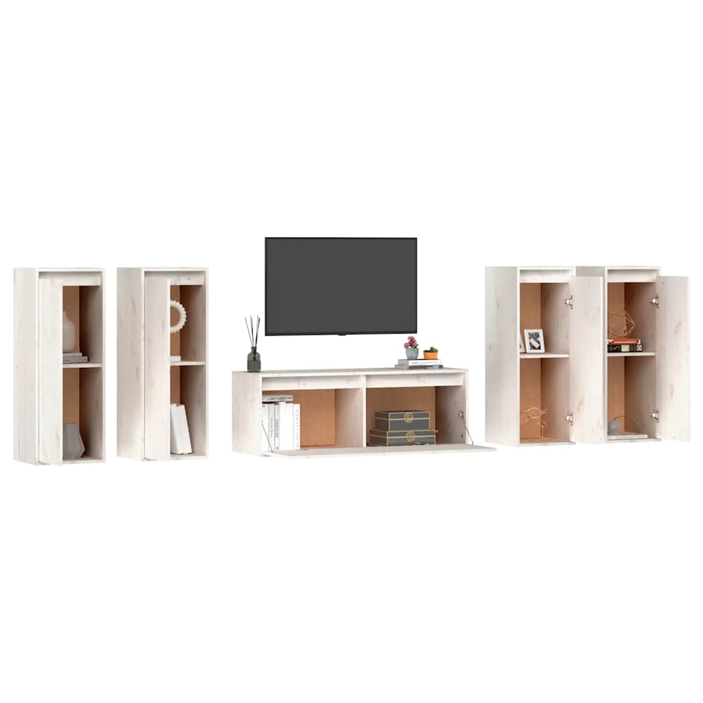 5 Piece TV Cabinet Set White Solid Wood Pine