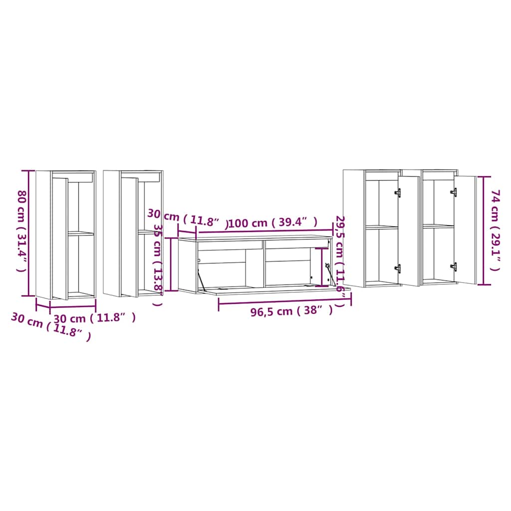 5 Piece TV Cabinet Set White Solid Wood Pine