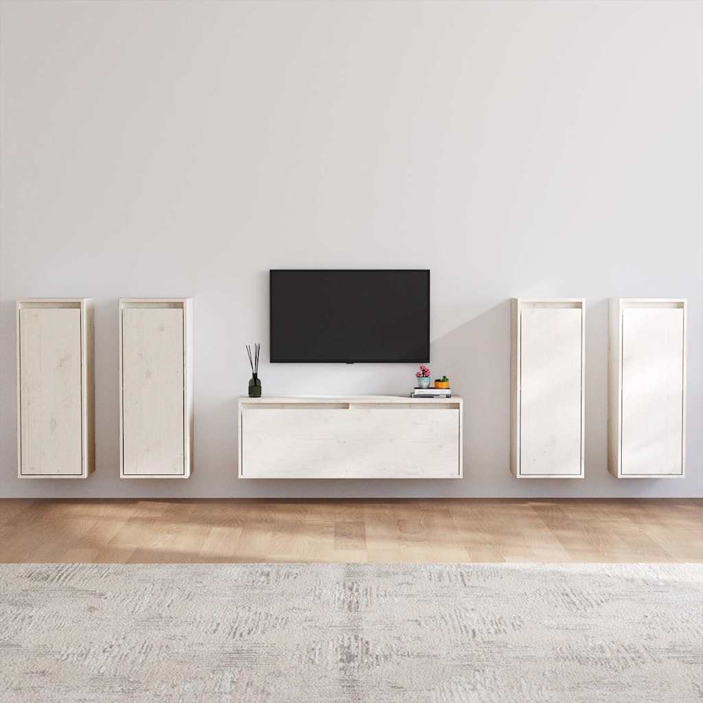 5 Piece TV Cabinet Set White Solid Wood Pine
