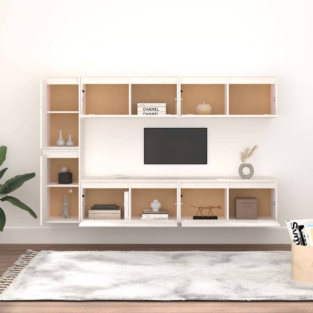 6 Piece TV Cabinet Set White Solid Wood Pine