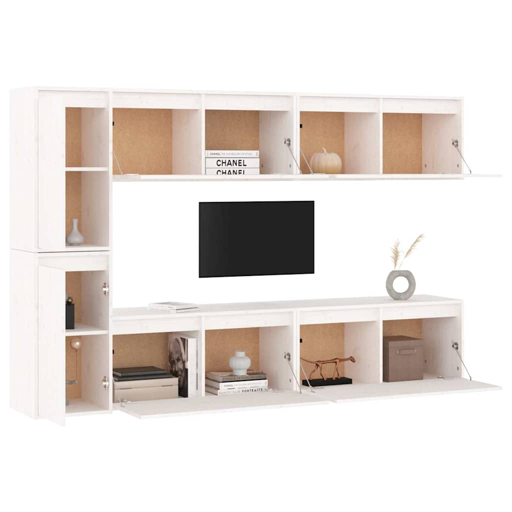 6 Piece TV Cabinet Set White Solid Wood Pine