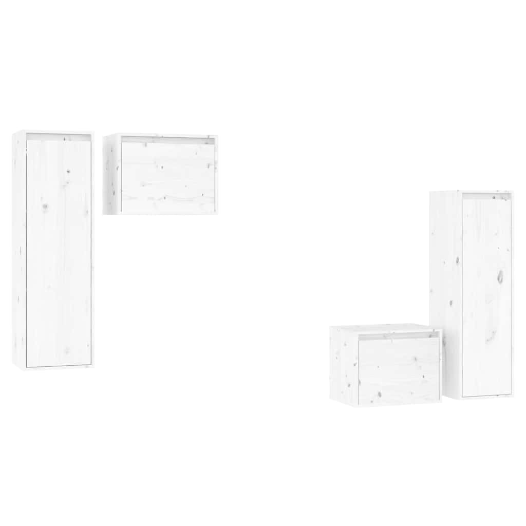 4 Piece TV Cabinet Set White Solid Wood Pine