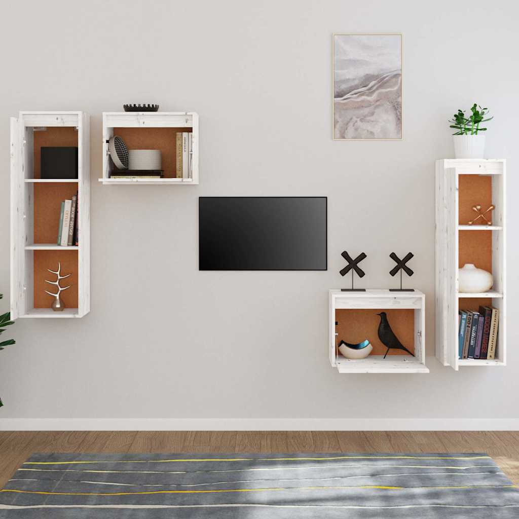 4 Piece TV Cabinet Set White Solid Wood Pine
