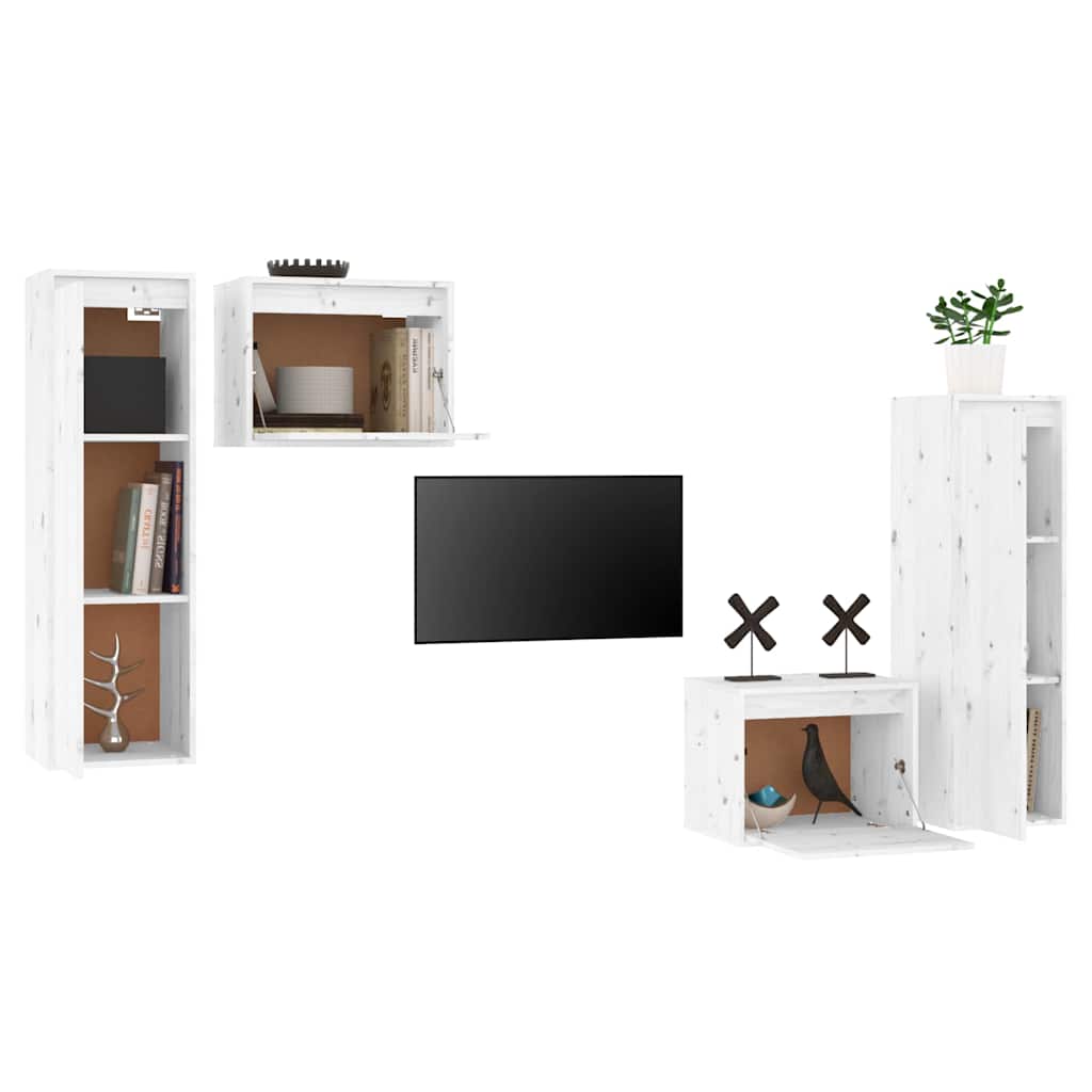 4 Piece TV Cabinet Set White Solid Wood Pine