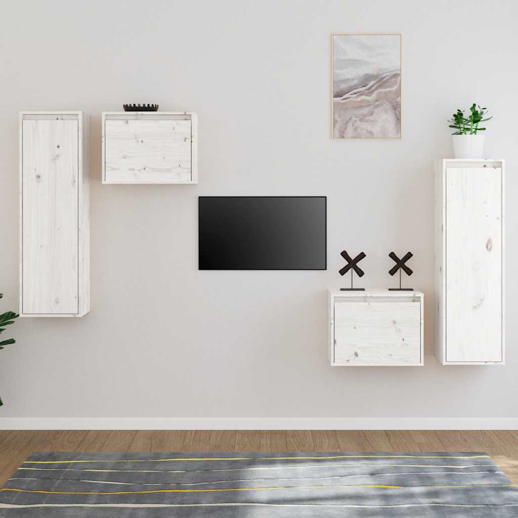 4 Piece TV Cabinet Set White Solid Wood Pine