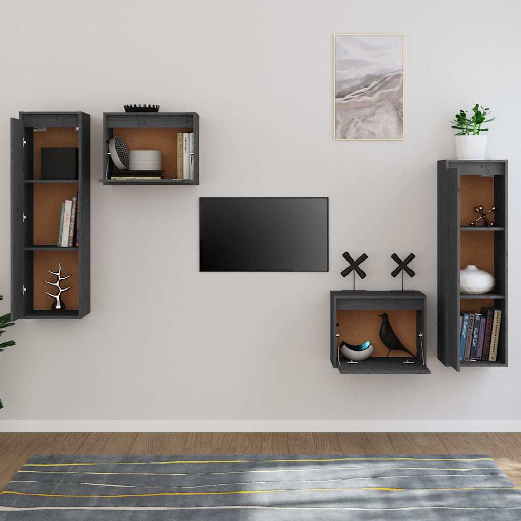 4 Piece TV Cabinet Set Grey Solid Wood Pine