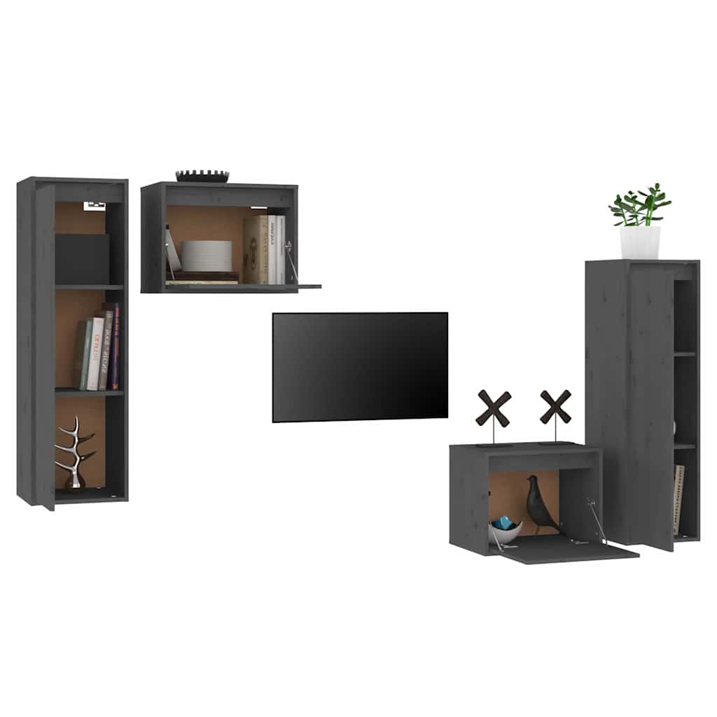 4 Piece TV Cabinet Set Grey Solid Wood Pine