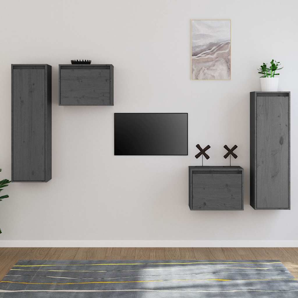 4 Piece TV Cabinet Set Grey Solid Wood Pine