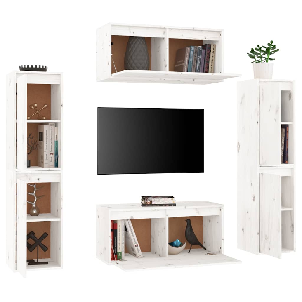 6 Piece TV Cabinet Set White Solid Wood Pine