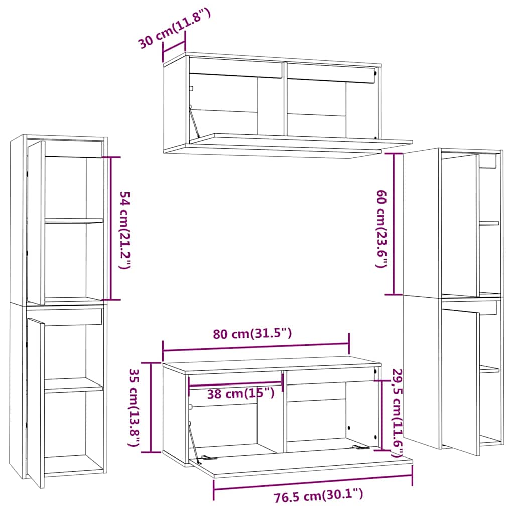 6 Piece TV Cabinet Set White Solid Wood Pine