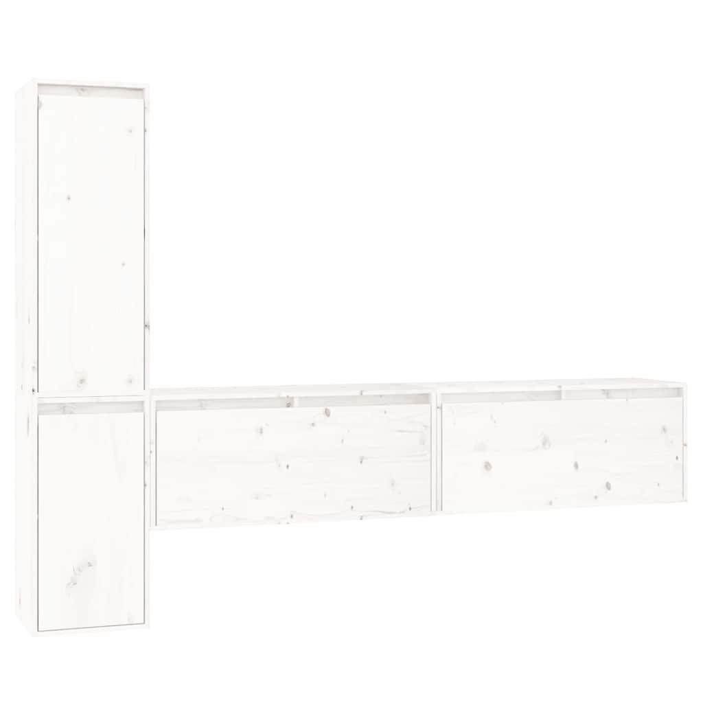 4 Piece TV Cabinet Set White Solid Wood Pine
