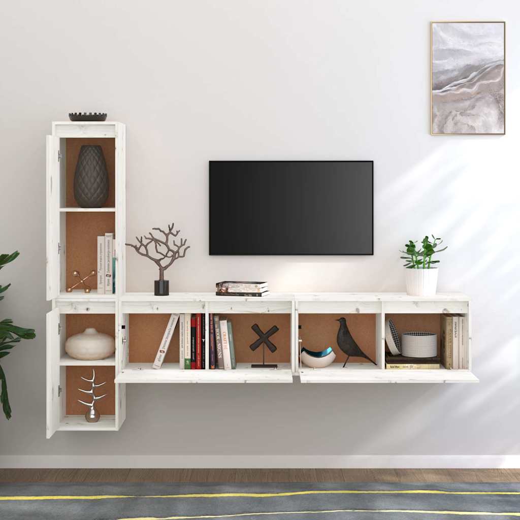 4 Piece TV Cabinet Set White Solid Wood Pine