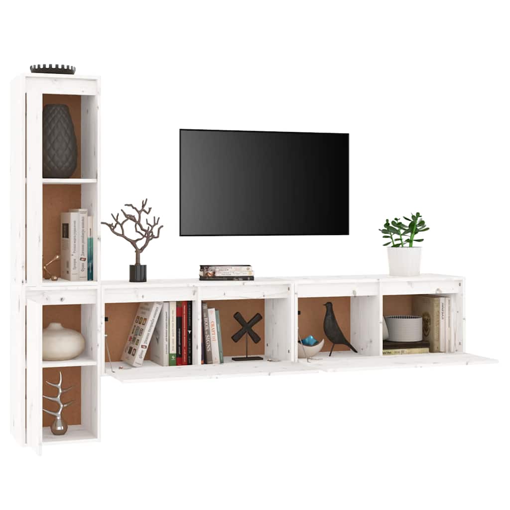 4 Piece TV Cabinet Set White Solid Wood Pine