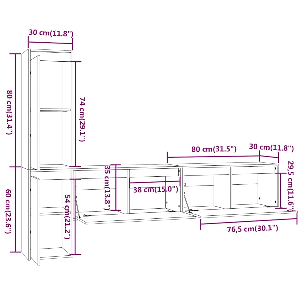 4 Piece TV Cabinet Set White Solid Wood Pine