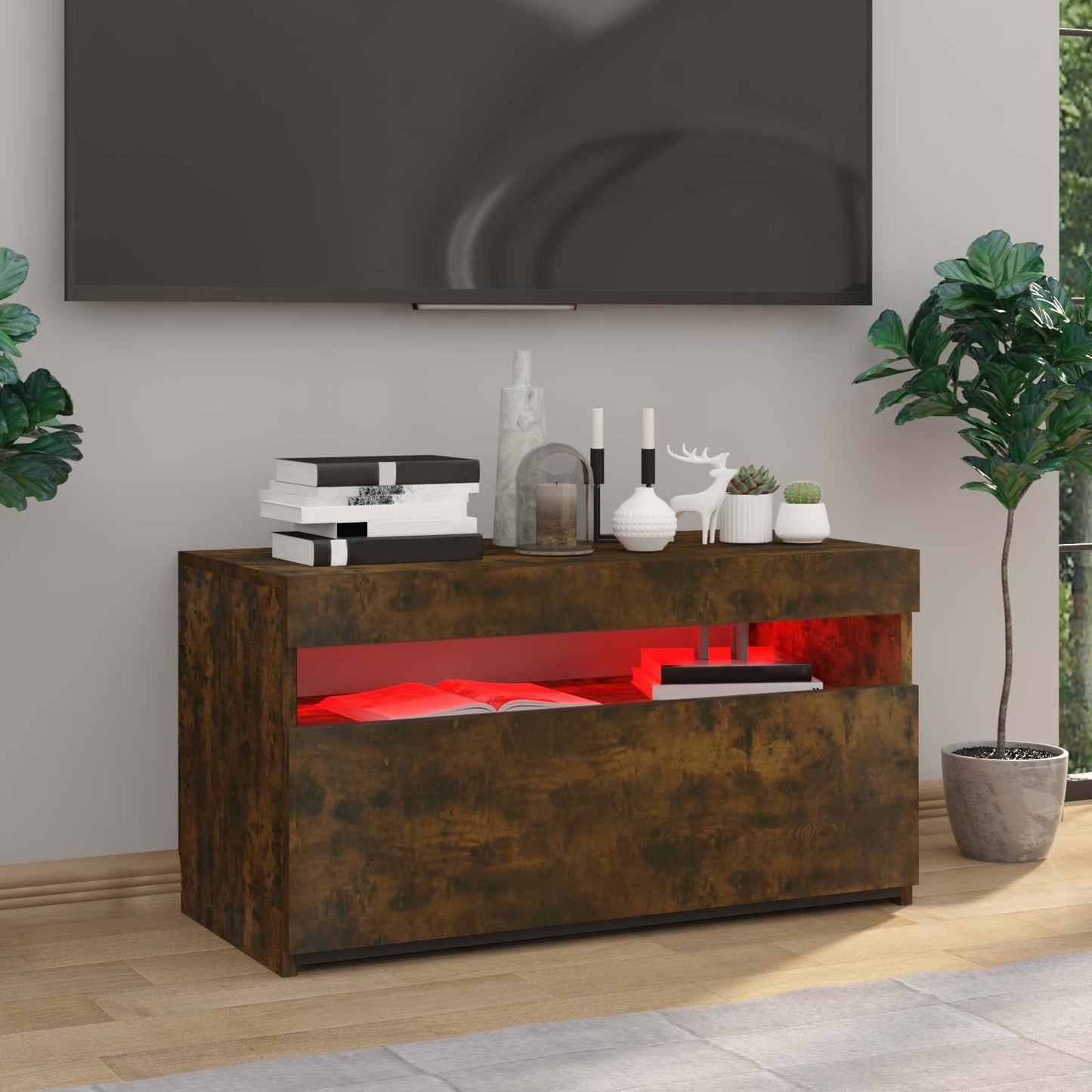 815123 vidaXL TV Cabinet with LED Lights Smoked Oak 75x35x40 cm