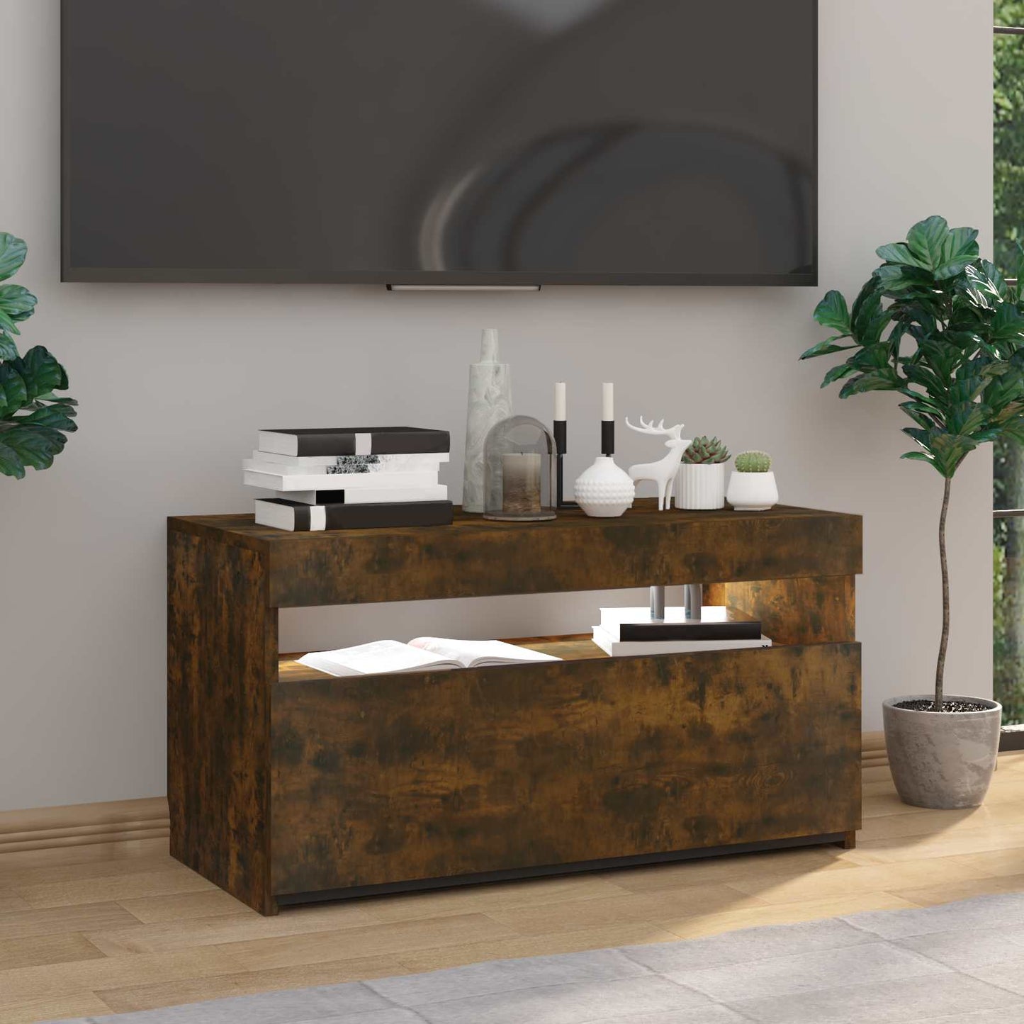 815123 vidaXL TV Cabinet with LED Lights Smoked Oak 75x35x40 cm