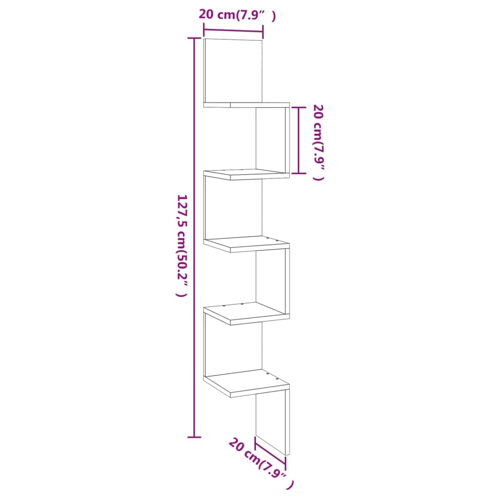 815211 vidaXL Wall Corner Shelf Grey Sonoma 20x20x127,5 cm Engineered Wood