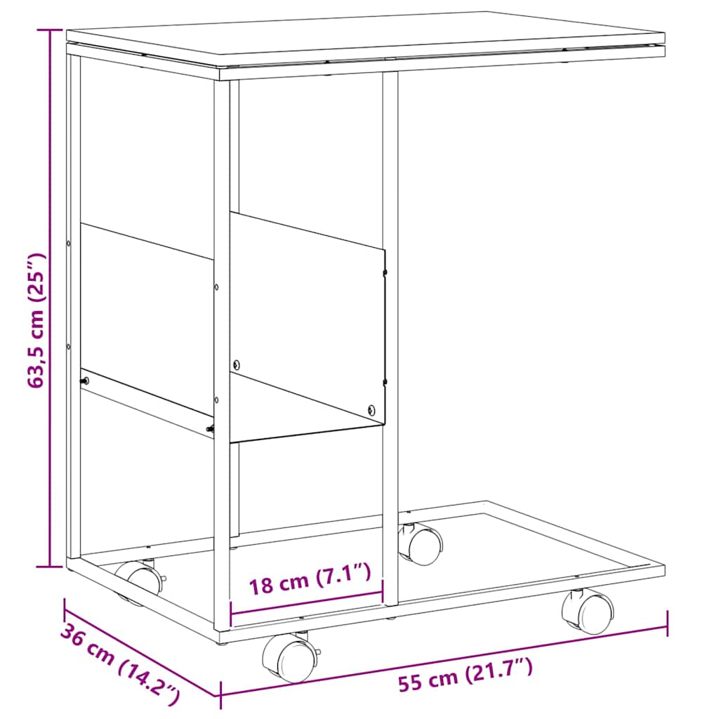 Side Table with Wheels Black 55x36x63,5 cm Engineered Wood