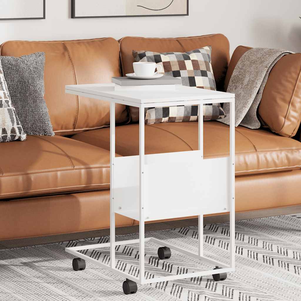 Side Table with Wheels White 55x36x63.5 cm Engineered Wood