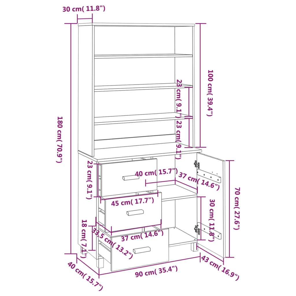 Highboard HAMAR Solid Wood Pine Dark Grey