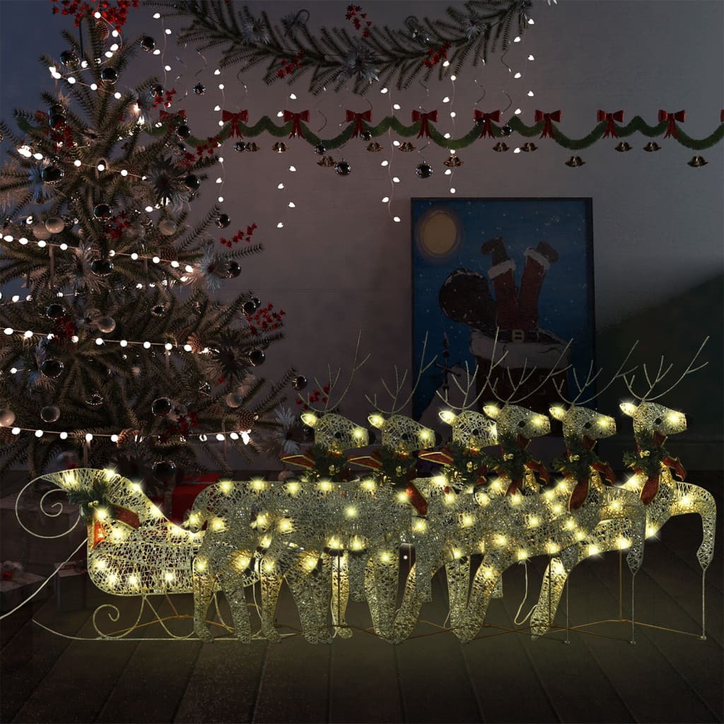 vidaXL Reindeer & Sleigh Christmas Decoration 140 LEDs Outdoor Gold