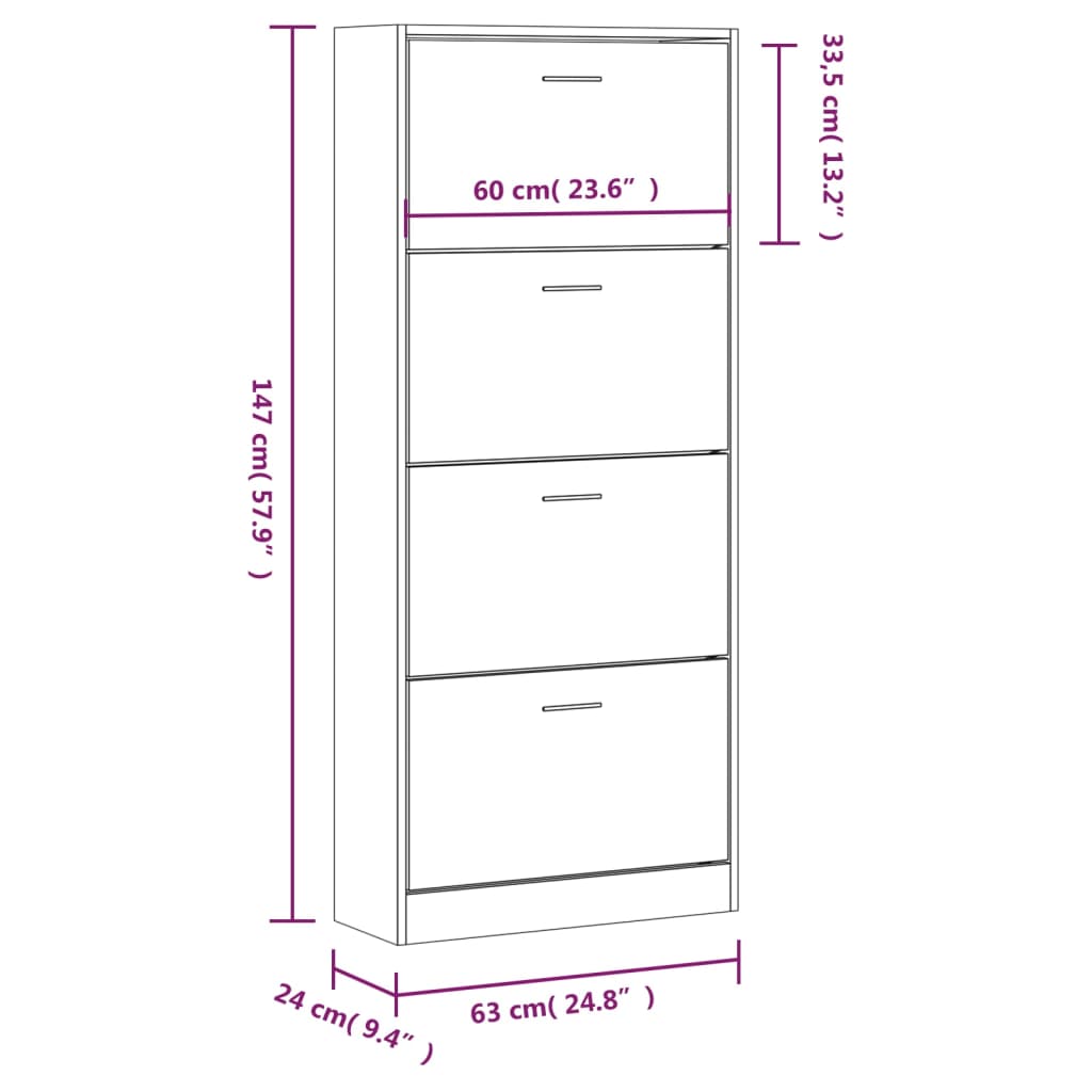 Shoe Cabinet High Gloss White 63x24x147 cm Engineered Wood