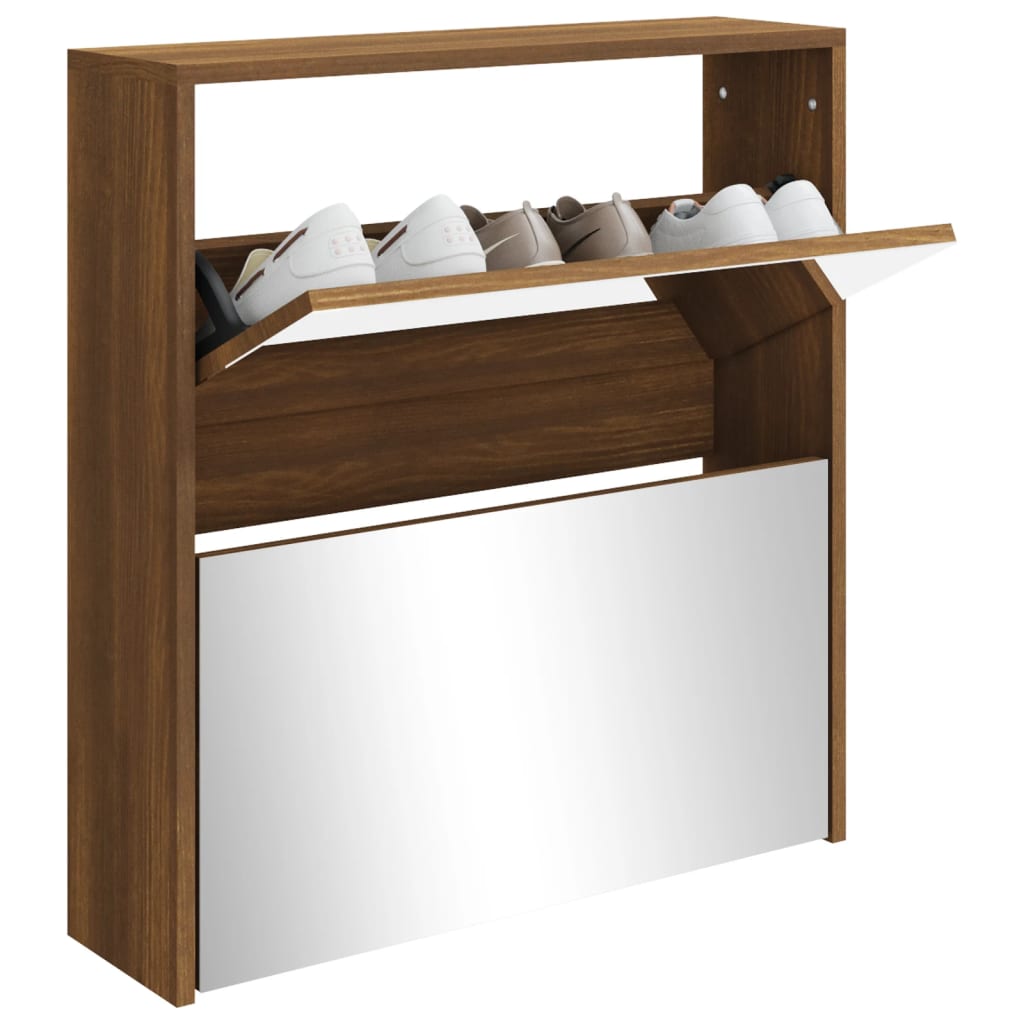 vidaXL Shoe Cabinet with Mirror 2-Layer Brown Oak 63x17x67 cm